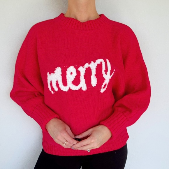 SHEIN red white Merry Christmas mock neck ribbed knit cuff sweater size small - Picture 1 of 13